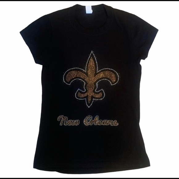 New Orleans Saints Embellished Shirt Girls L = Women’s XS Black with Bling - Picture 1 of 5